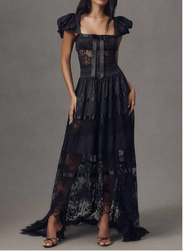 New $749 For Love And Lemons Annabelle Puff Sleeve Maxi Dress In Black Size 4